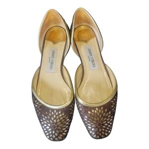 Jimmy Choo Gold and Brown D'Orsay Glitter Leather Women's Ballet Flat Sz 37 1/2